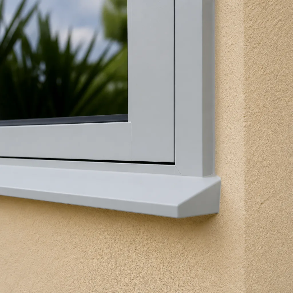 Modern light gray window frame installation on textured beige exterior wall