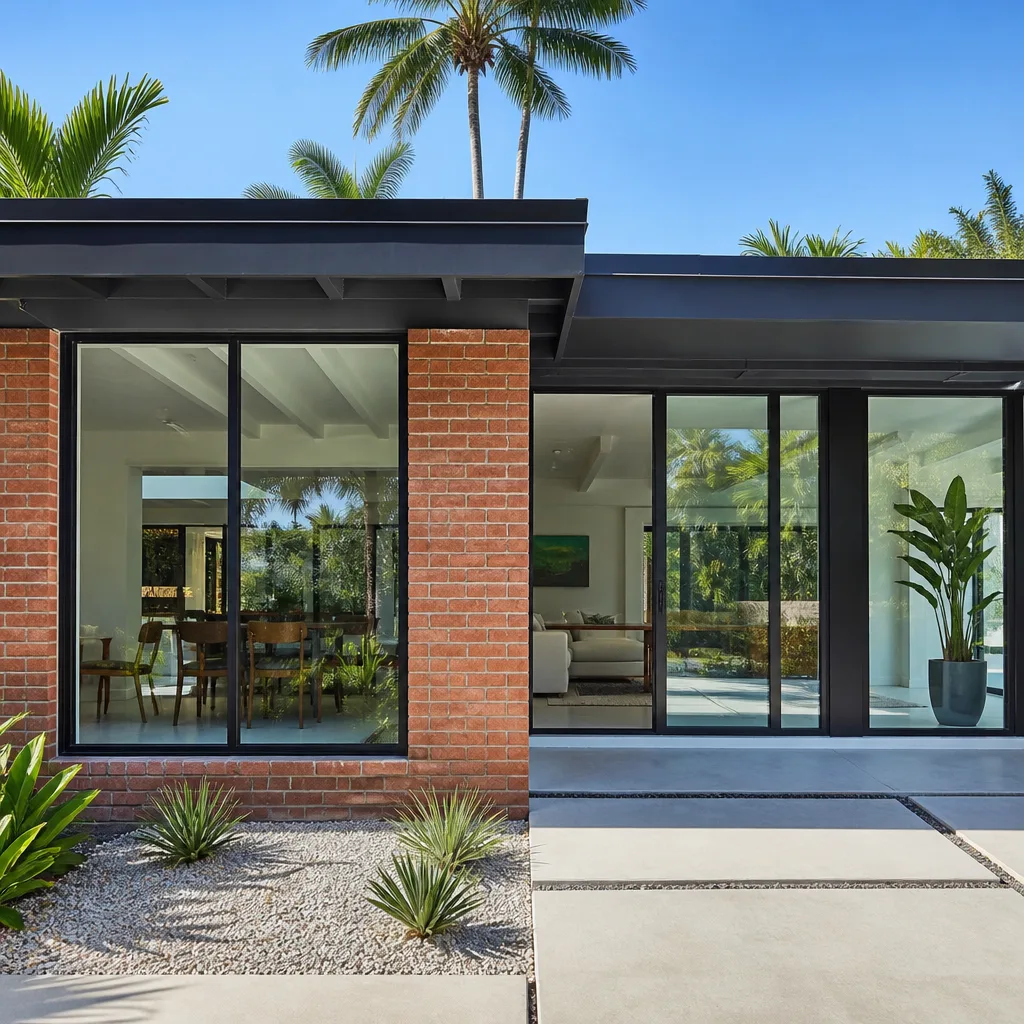 Modern home exterior with large glass windows and sliding doors