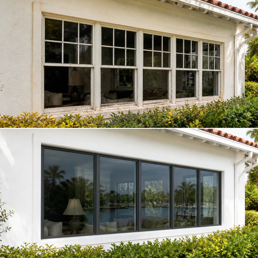 Residential home window replacement before and after comparison